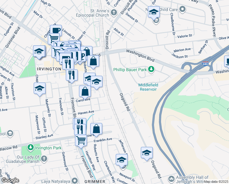 map of restaurants, bars, coffee shops, grocery stores, and more near 41911 Osgood Road in Fremont