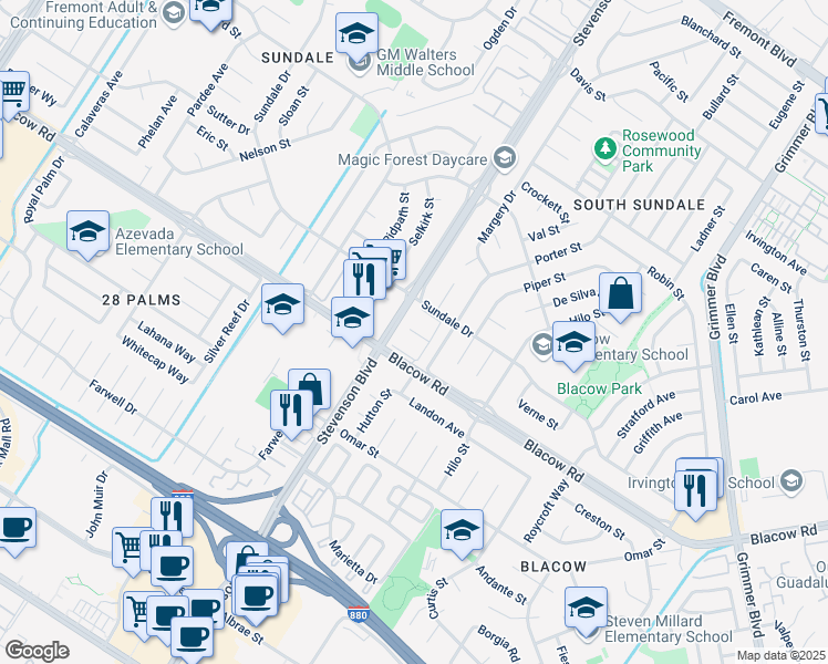 map of restaurants, bars, coffee shops, grocery stores, and more near 4950 Stevenson Boulevard in Fremont
