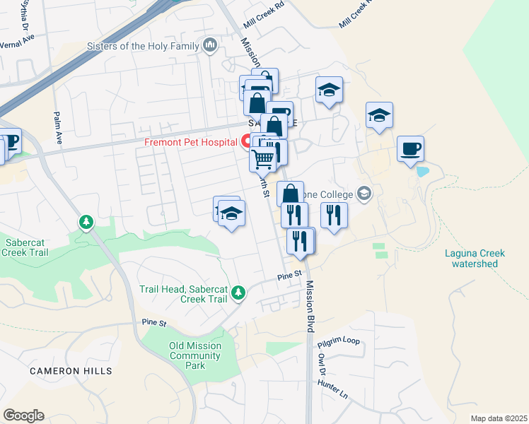 map of restaurants, bars, coffee shops, grocery stores, and more near 43547 Ellsworth Street in Fremont