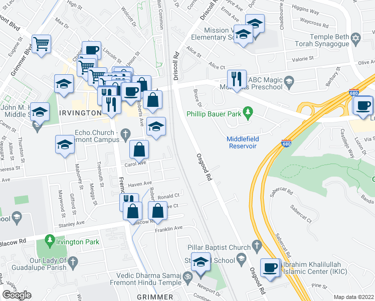 map of restaurants, bars, coffee shops, grocery stores, and more near 41911 Osgood Road in Fremont