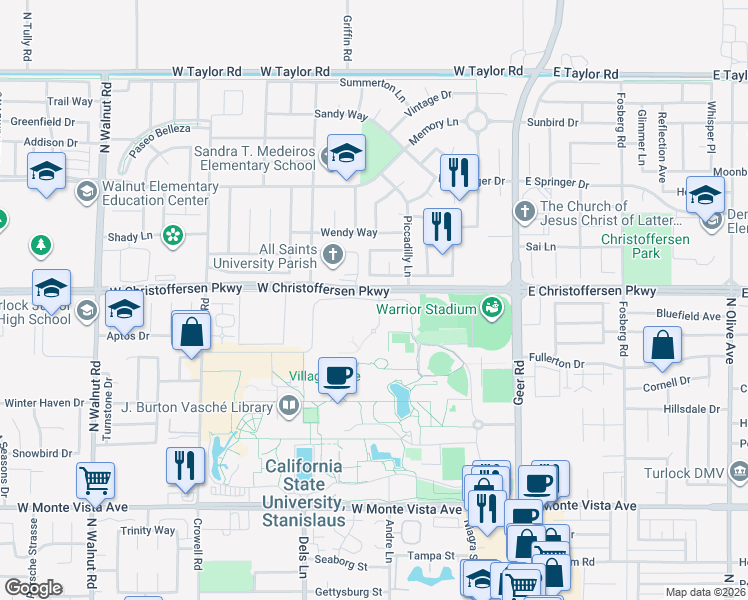 map of restaurants, bars, coffee shops, grocery stores, and more near Merced Way in Turlock