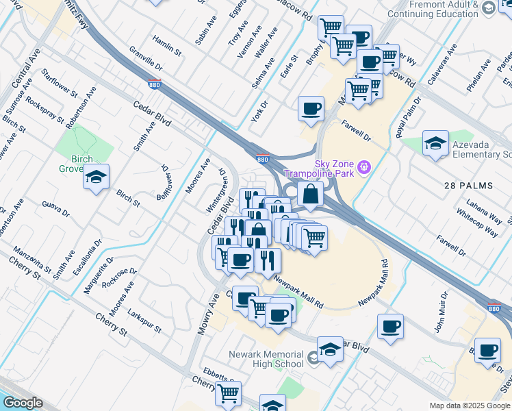 map of restaurants, bars, coffee shops, grocery stores, and more near 38981 Primula Terrace in Newark