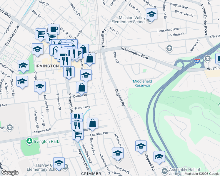 map of restaurants, bars, coffee shops, grocery stores, and more near 41911 Osgood Road in Fremont