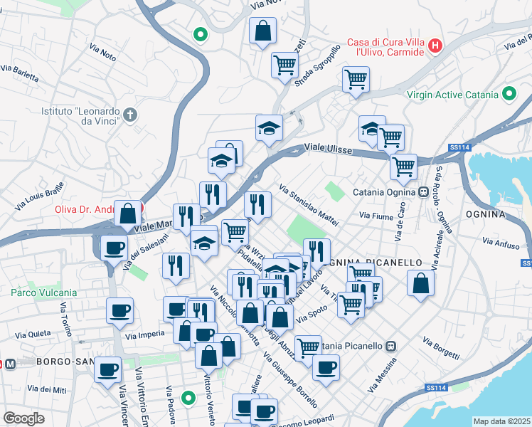 map of restaurants, bars, coffee shops, grocery stores, and more near 20 Via Antonio Cagnoni in Catania