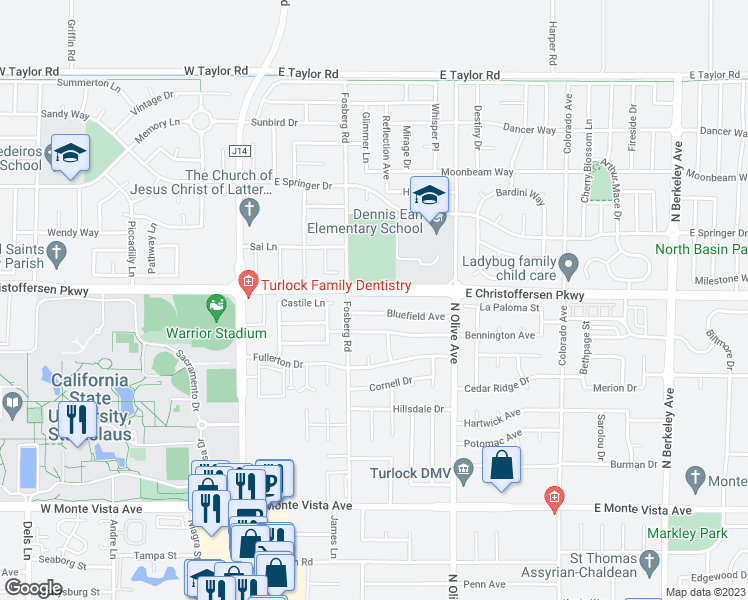 map of restaurants, bars, coffee shops, grocery stores, and more near 500 East Zeering Road in Turlock