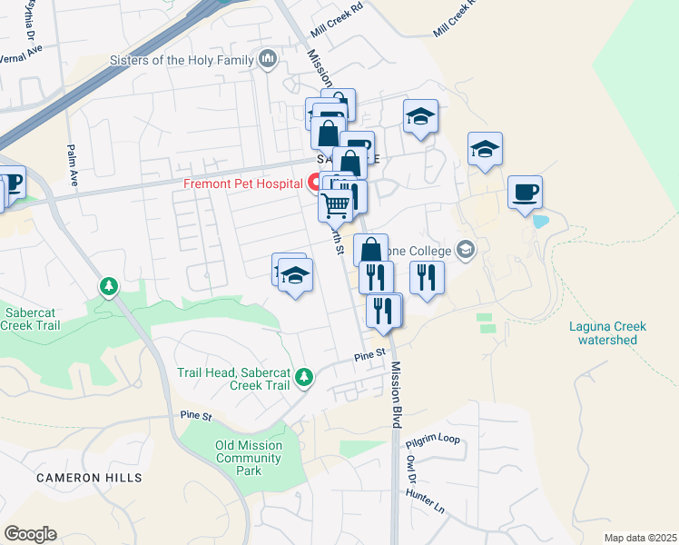 map of restaurants, bars, coffee shops, grocery stores, and more near 43547 Ellsworth Street in Fremont