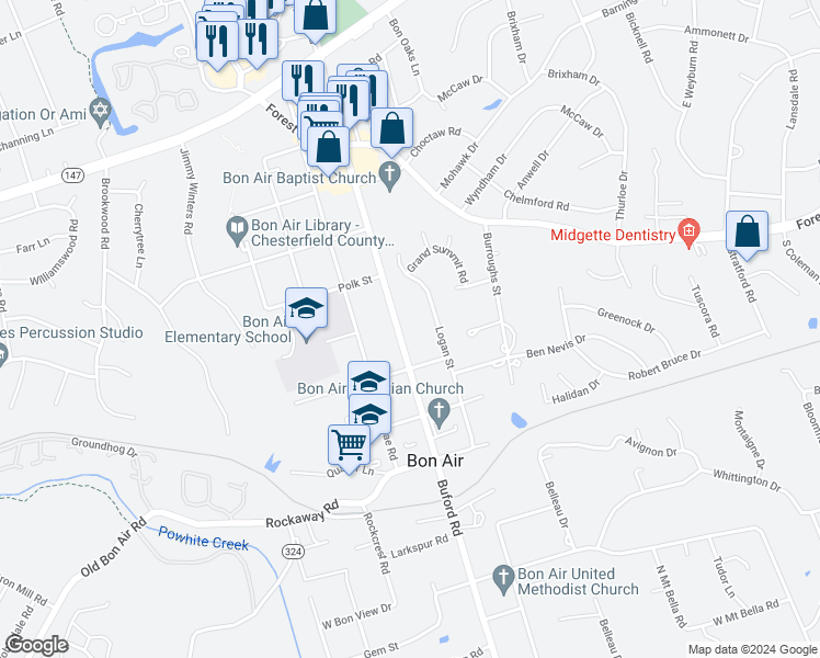 map of restaurants, bars, coffee shops, grocery stores, and more near 2233 Buford Road in Richmond