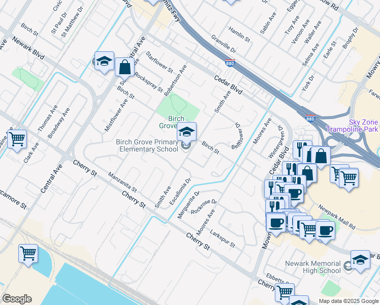 map of restaurants, bars, coffee shops, grocery stores, and more near 6071 Smith Avenue in Newark