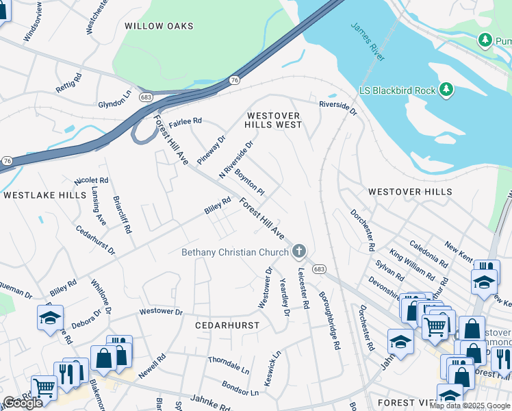 map of restaurants, bars, coffee shops, grocery stores, and more near 5606 Forest Hill Avenue in Richmond