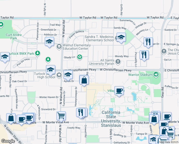 map of restaurants, bars, coffee shops, grocery stores, and more near 3800 Crowell Road in Turlock