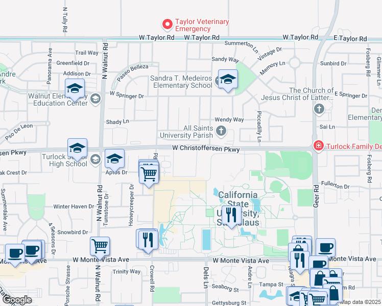 map of restaurants, bars, coffee shops, grocery stores, and more near 900 West Zeering Road in Turlock