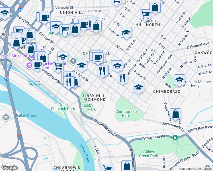 map of restaurants, bars, coffee shops, grocery stores, and more near 2911 1/2A East Broad Street in Richmond