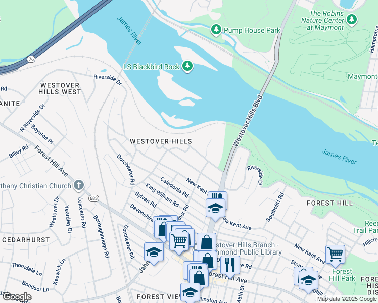 map of restaurants, bars, coffee shops, grocery stores, and more near 5115 Evelyn Byrd Road in Richmond