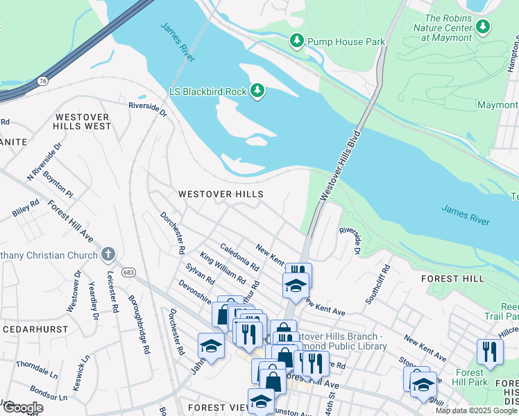 map of restaurants, bars, coffee shops, grocery stores, and more near 5115 Evelyn Byrd Road in Richmond