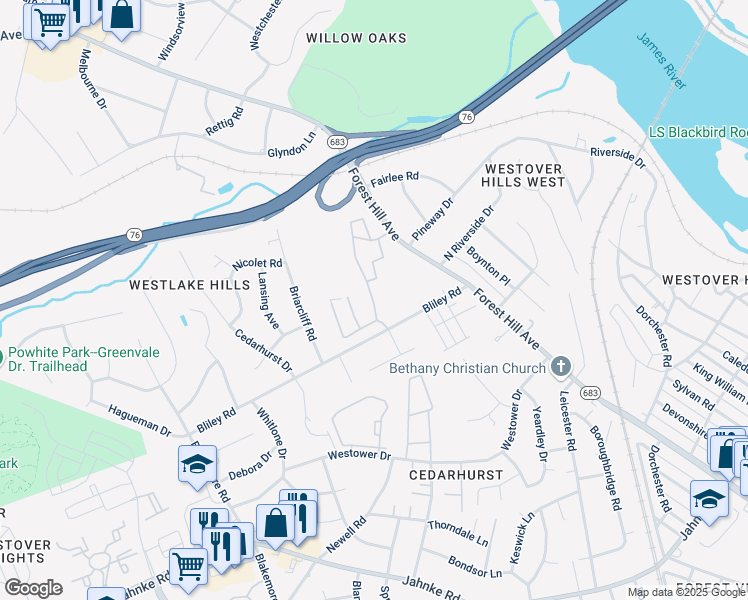map of restaurants, bars, coffee shops, grocery stores, and more near 5801 Willow Oaks Drive in Richmond