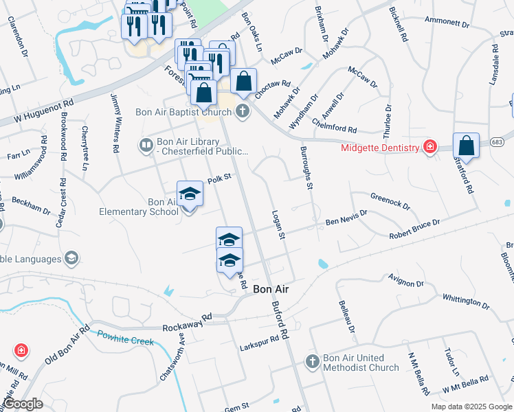 map of restaurants, bars, coffee shops, grocery stores, and more near 2233 Buford Road in Richmond