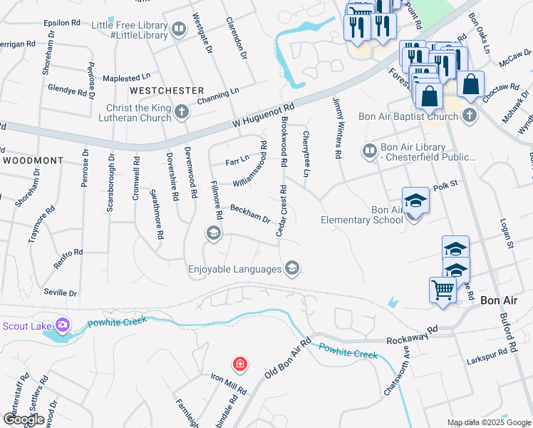 map of restaurants, bars, coffee shops, grocery stores, and more near 9426 Beckham Drive in Richmond