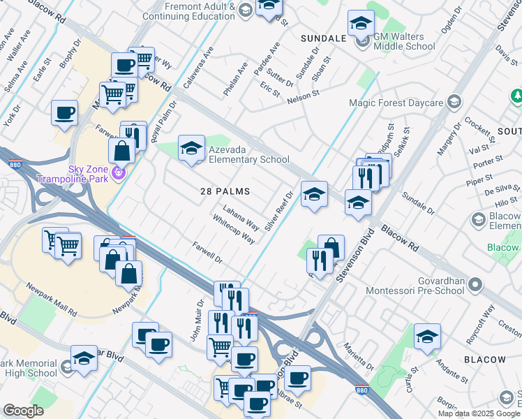 map of restaurants, bars, coffee shops, grocery stores, and more near 39672 Royal Palm Drive in Fremont