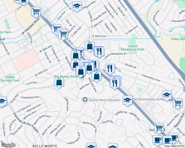 map of restaurants, bars, coffee shops, grocery stores, and more near 819 North Road in Belmont