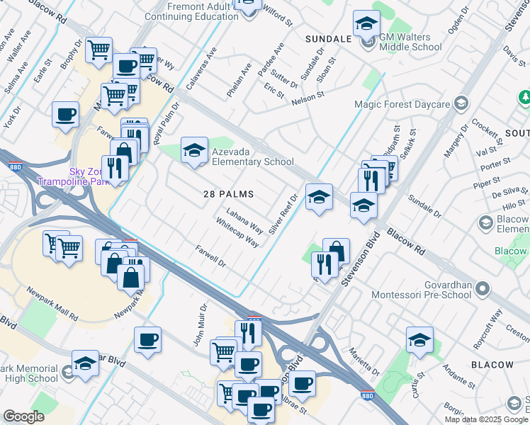 map of restaurants, bars, coffee shops, grocery stores, and more near 39672 Royal Palm Drive in Fremont