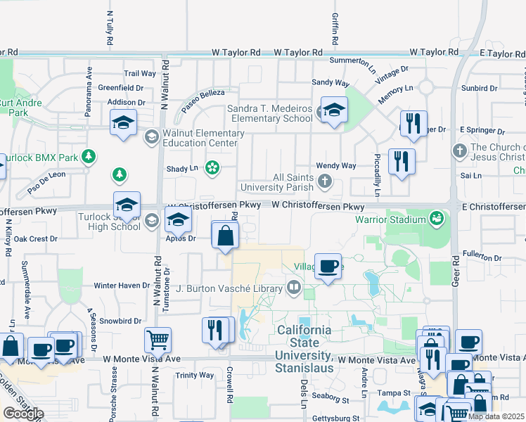 map of restaurants, bars, coffee shops, grocery stores, and more near 1000 West Zeering Road in Turlock