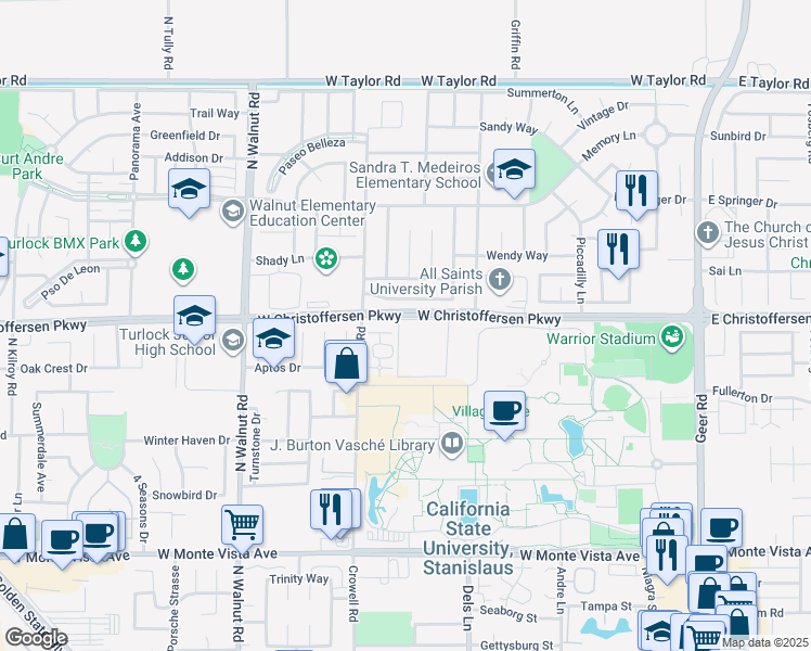 map of restaurants, bars, coffee shops, grocery stores, and more near 1000 West Zeering Road in Turlock