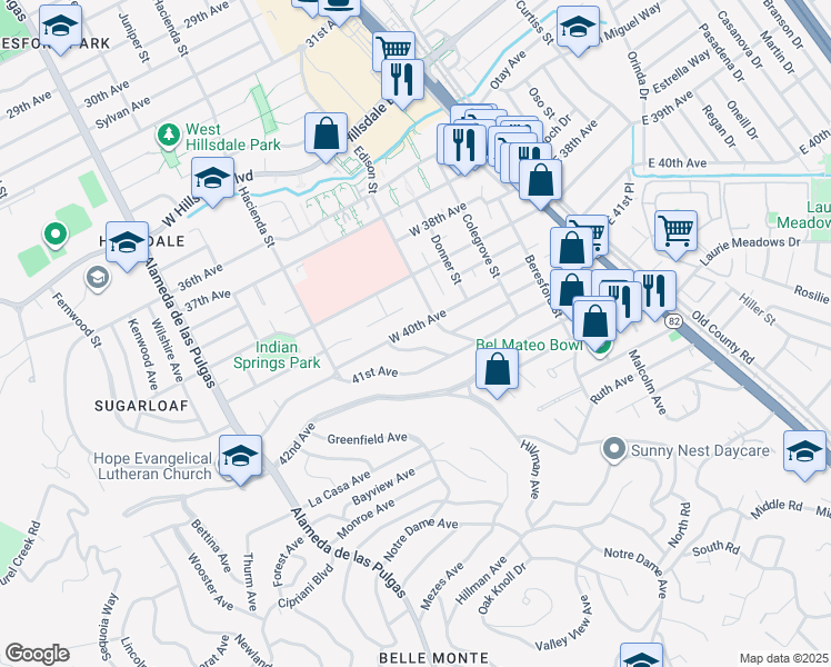 map of restaurants, bars, coffee shops, grocery stores, and more near 217 West 40th Avenue in San Mateo