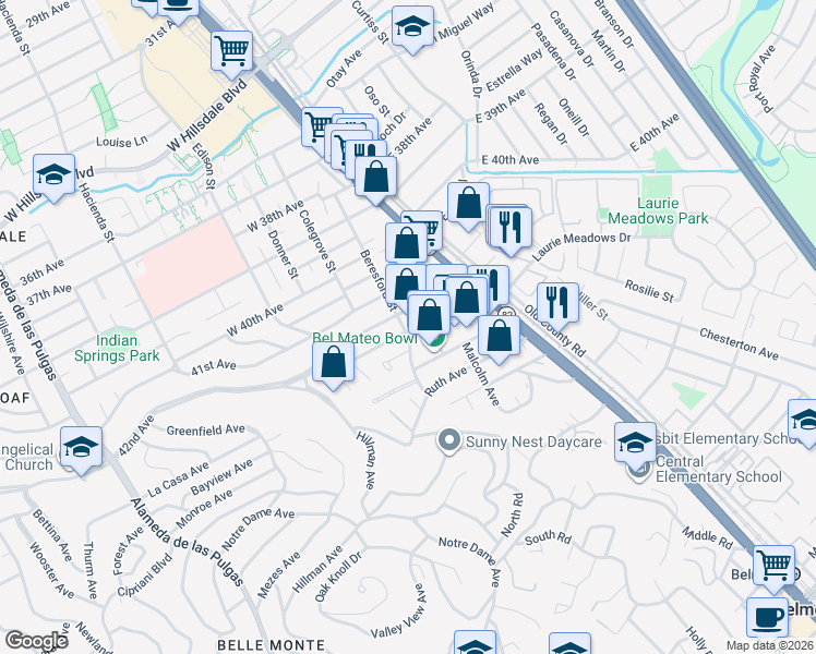 map of restaurants, bars, coffee shops, grocery stores, and more near 111 43rd Avenue in San Mateo