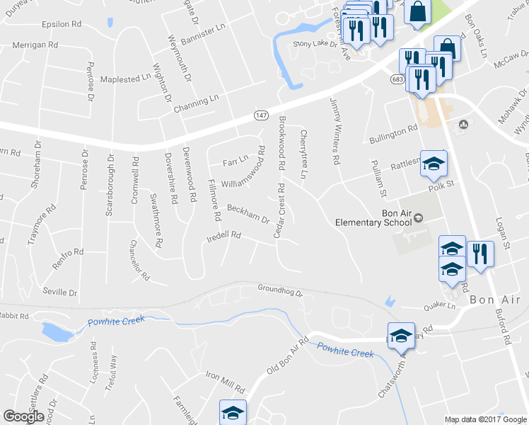 map of restaurants, bars, coffee shops, grocery stores, and more near 9426 Beckham Drive in Richmond