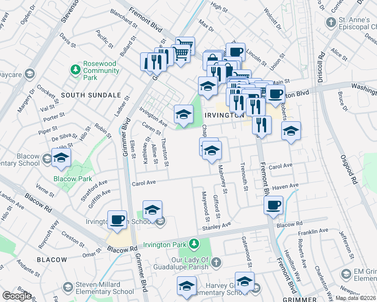 map of restaurants, bars, coffee shops, grocery stores, and more near 41328 Thurston St in Fremont