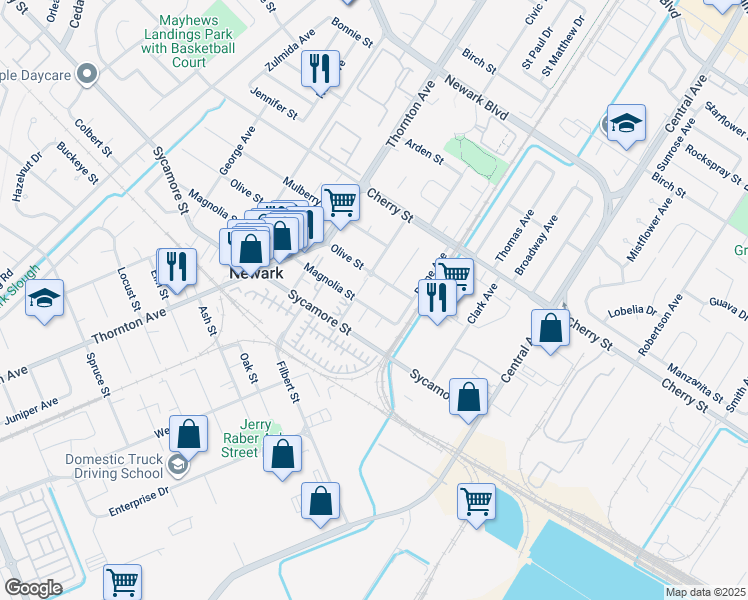 map of restaurants, bars, coffee shops, grocery stores, and more near 37136 Magnolia Street in Newark