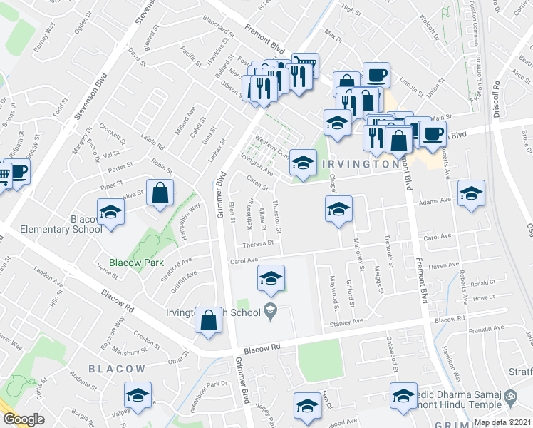 map of restaurants, bars, coffee shops, grocery stores, and more near 41328 Thurston Street in Fremont