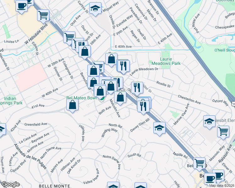 map of restaurants, bars, coffee shops, grocery stores, and more near 819 North Road in Belmont