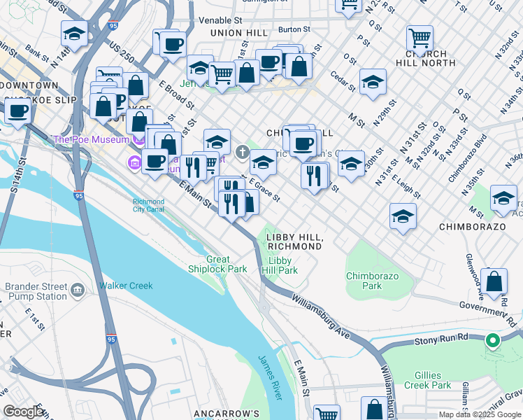 map of restaurants, bars, coffee shops, grocery stores, and more near 2714 East Franklin Street in Richmond