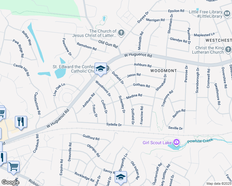 map of restaurants, bars, coffee shops, grocery stores, and more near 2520 Schenley Drive in Richmond
