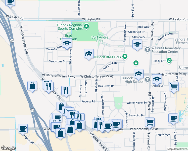 map of restaurants, bars, coffee shops, grocery stores, and more near 2525 West Christoffersen Parkway in Turlock