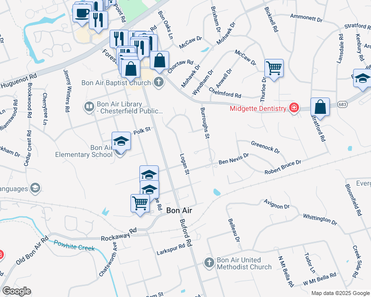 map of restaurants, bars, coffee shops, grocery stores, and more near 2217 Logan Street in Richmond