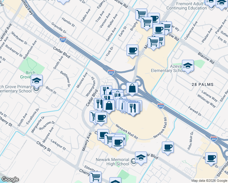 map of restaurants, bars, coffee shops, grocery stores, and more near 38984 Primula Terrace in Newark