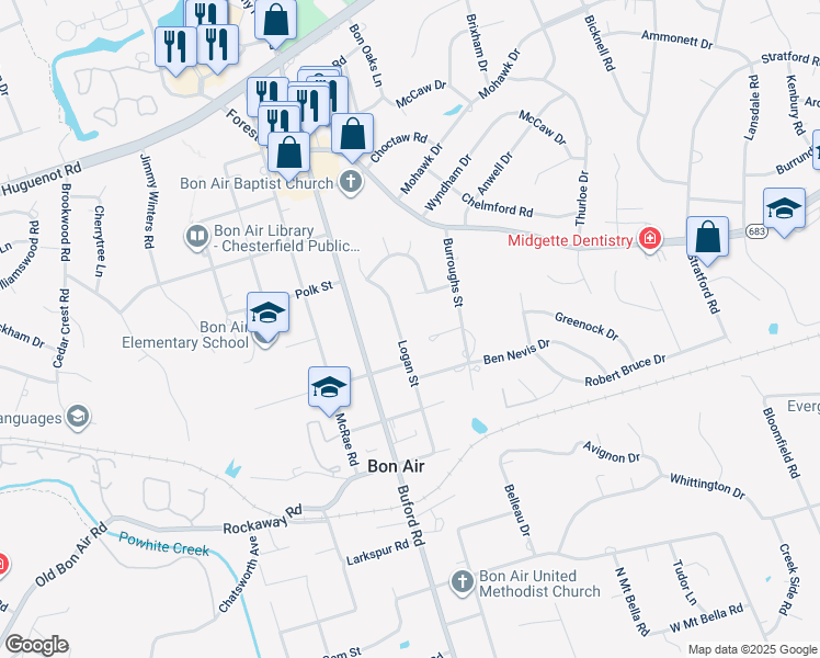 map of restaurants, bars, coffee shops, grocery stores, and more near 2217 Logan Street in Richmond