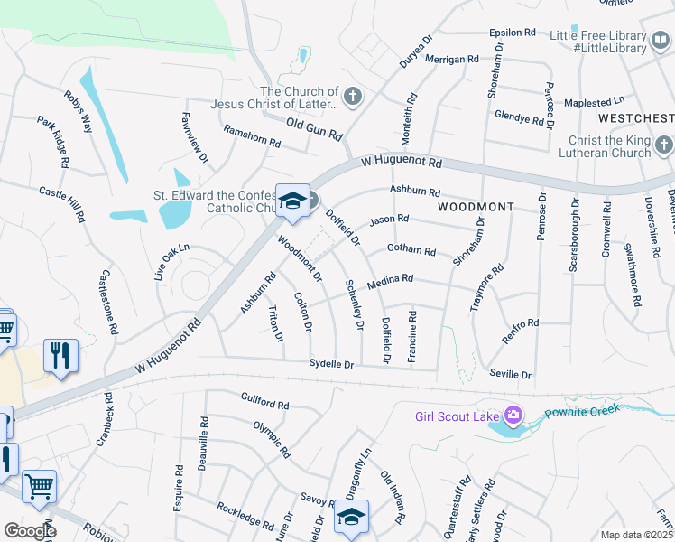 map of restaurants, bars, coffee shops, grocery stores, and more near 2520 Schenley Drive in Richmond