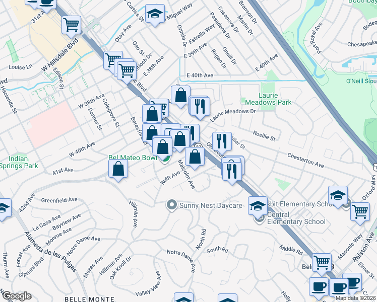 map of restaurants, bars, coffee shops, grocery stores, and more near 819 North Road in Belmont