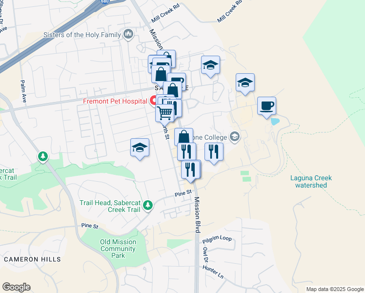 map of restaurants, bars, coffee shops, grocery stores, and more near 43575 Mission Boulevard in Fremont