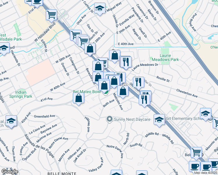 map of restaurants, bars, coffee shops, grocery stores, and more near 4330 Olympic Avenue in San Mateo