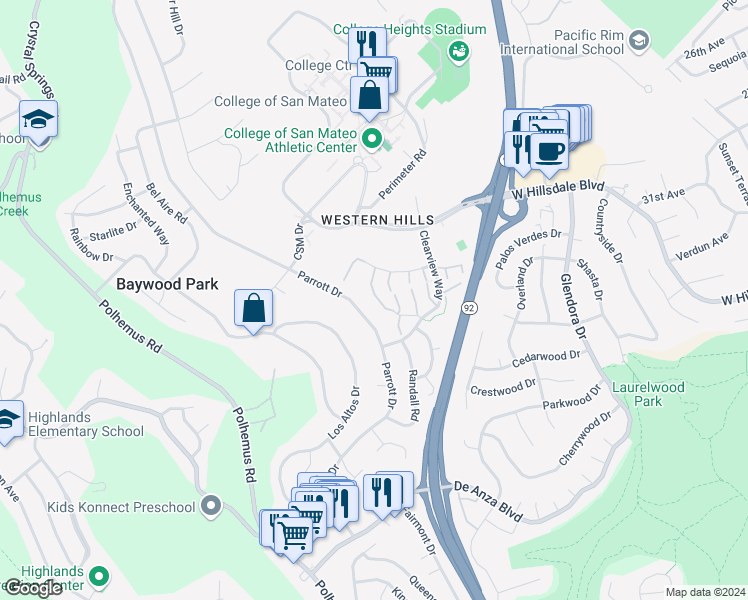 map of restaurants, bars, coffee shops, grocery stores, and more near 58 Lyonridge Lane in San Mateo