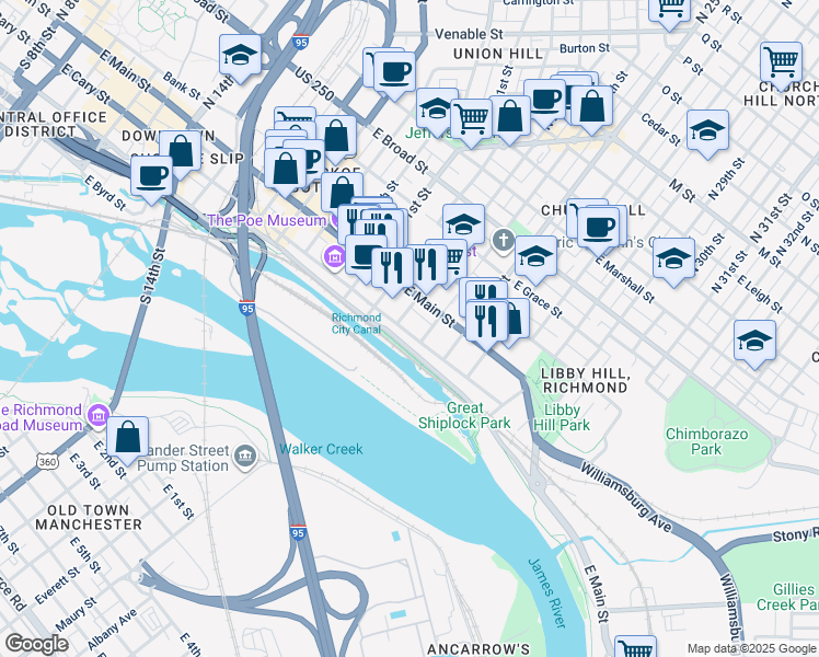map of restaurants, bars, coffee shops, grocery stores, and more near 2300 East Cary Street in Richmond