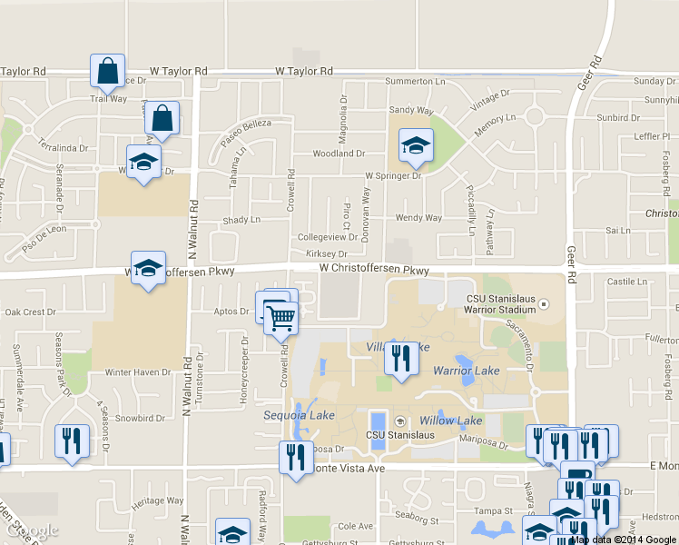 map of restaurants, bars, coffee shops, grocery stores, and more near 950 West Zeering Road in Turlock