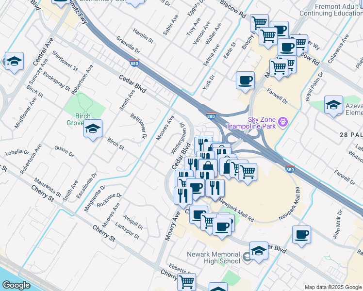map of restaurants, bars, coffee shops, grocery stores, and more near 5758 Wintergreen Drive in Newark