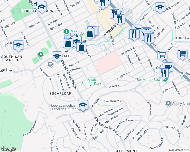 map of restaurants, bars, coffee shops, grocery stores, and more near 312 West 39th Avenue in San Mateo