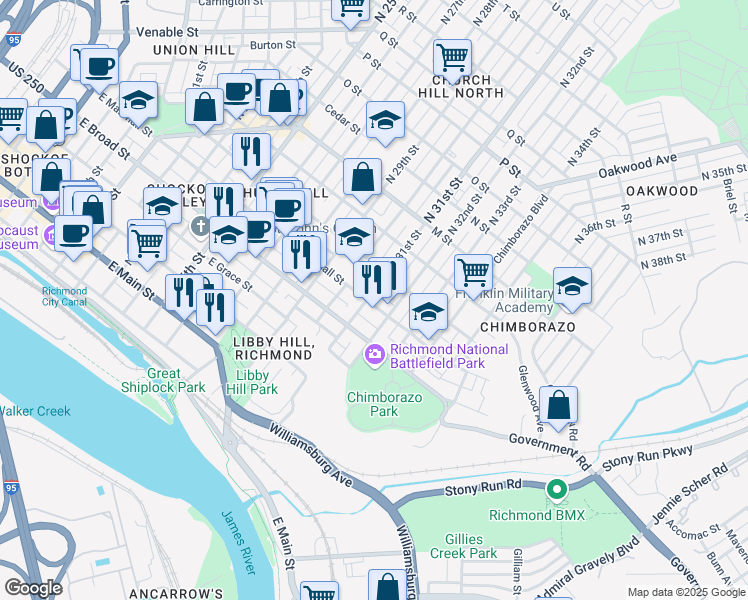 map of restaurants, bars, coffee shops, grocery stores, and more near 3104 East Marshall Street in Richmond