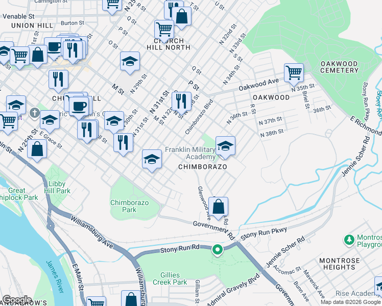 map of restaurants, bars, coffee shops, grocery stores, and more near 617 North 35th Street in Richmond